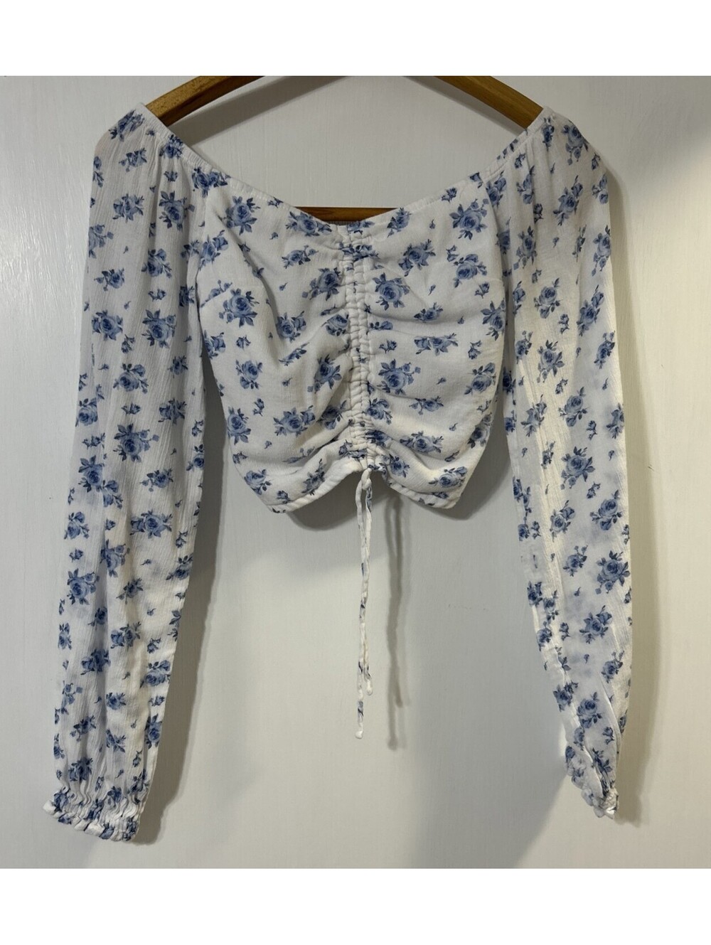 Hollister Floral Blouse Croptop Womens XXS Tie Front Blue & White
